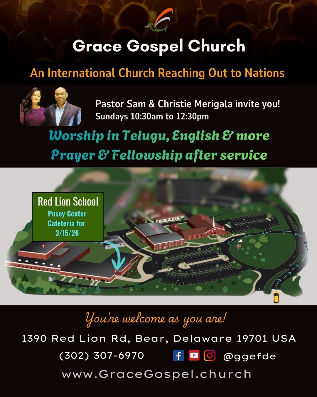 Pastor Sam and Christie Merigala invite you to our new building location Pusey Center (Cafetaria on 3/15/26) of Red Lion Academy Campus! Sundays 10:30am to 12:30pm