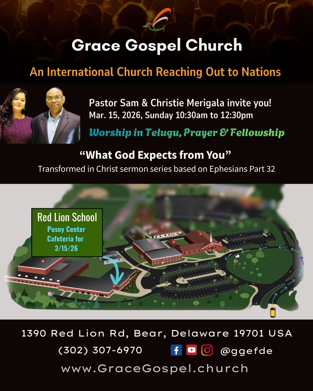 Pastor Sam and Christie Merigala invite you to our new building location Pusey Center (Cafetaria on 3/15/26) of Red Lion Academy Campus! Sundays 10:30am to 12:30pm