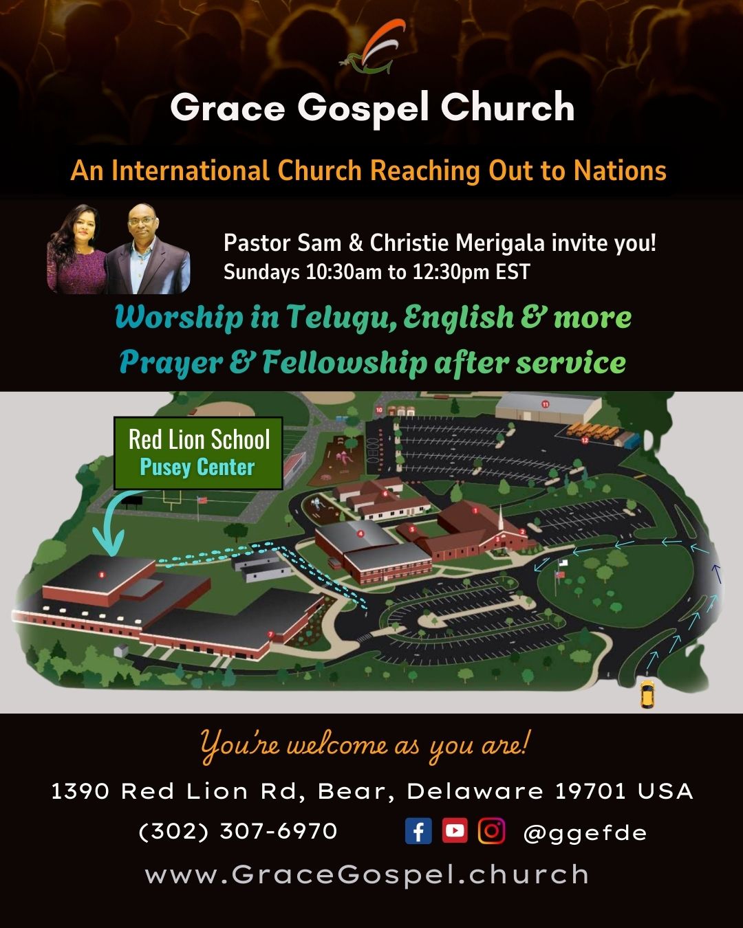Pastor Sam and Christie Merigala invite you to our new building location Pusey Center of Red Lion Academy Campus! Sundays 10:30am to 12:30pm EST from Feb. 1, 2026