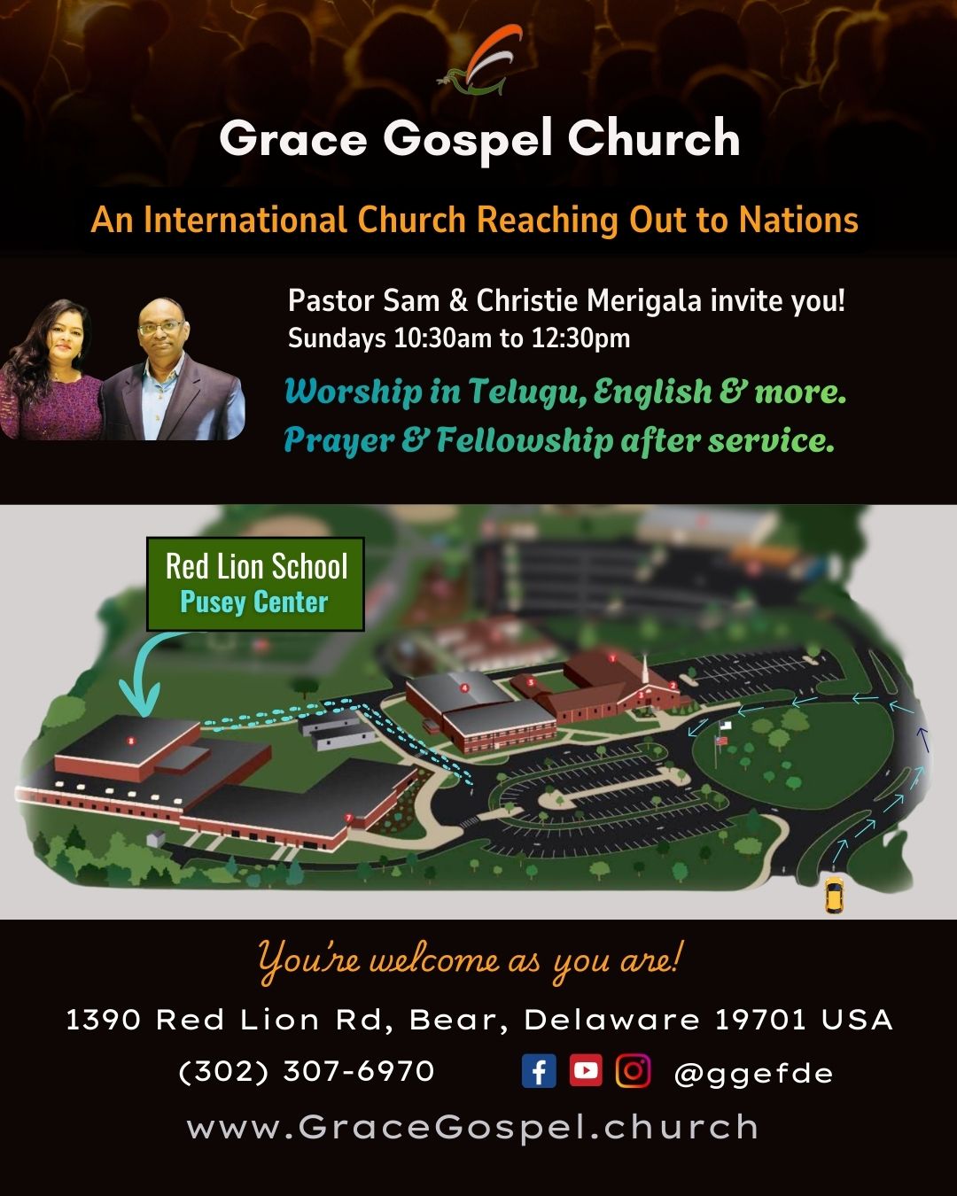 Pastor Sam and Christie Merigala invite you to worship and listen to biblical teaching on Sundays 10:30am to 12:30pm at Pusey Center of Red Lion Academy Campus.